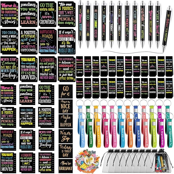 Pasimy 218 Pcs Inspirational Stationery Gifts Motivational Mini Notepad Pen Quote Bookmarks Stress Relief Stickers Inspiring Silicone Keychains for Home Office Appreciation Gift(Dark)