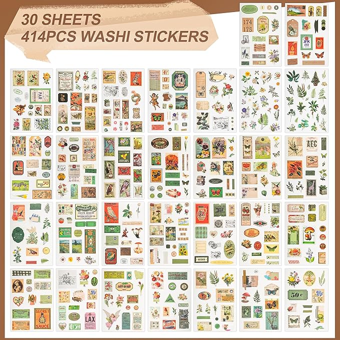 Vintage Washi Stickers for Scrapbooking, Aesthetic Sticker Book for Journaling with 30 Sheets Scrapbook Stickers and 20 Sheets Scrapbook Papers for Bullet Junk Journals Set for Adults with Tweezers