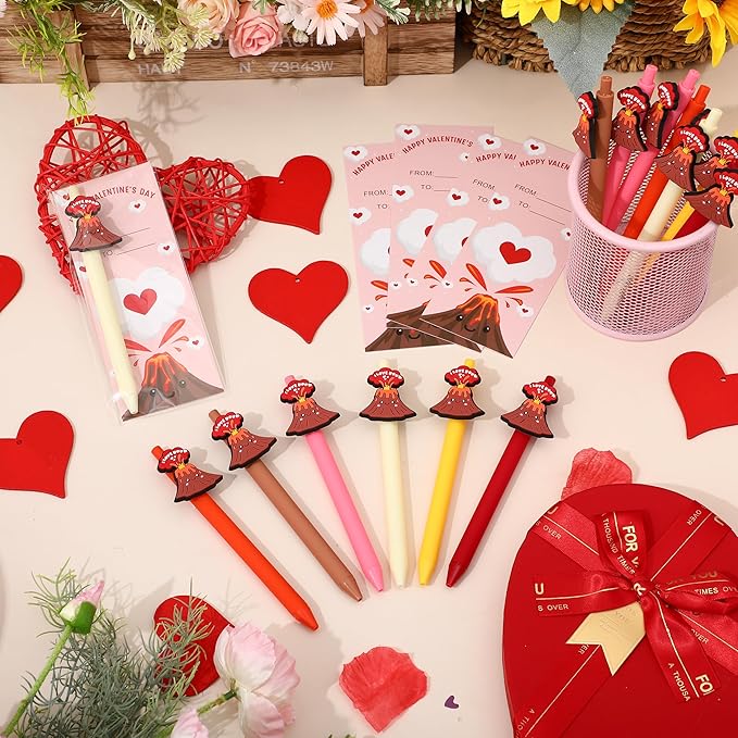 Cholemy 48 Sets Gifts Sets Include Motivational Ballpoint Pen with Greeting Card and Cable Ties for School Classroom Stationery Supplies Teacher Students Practical Gifts(Volcano)