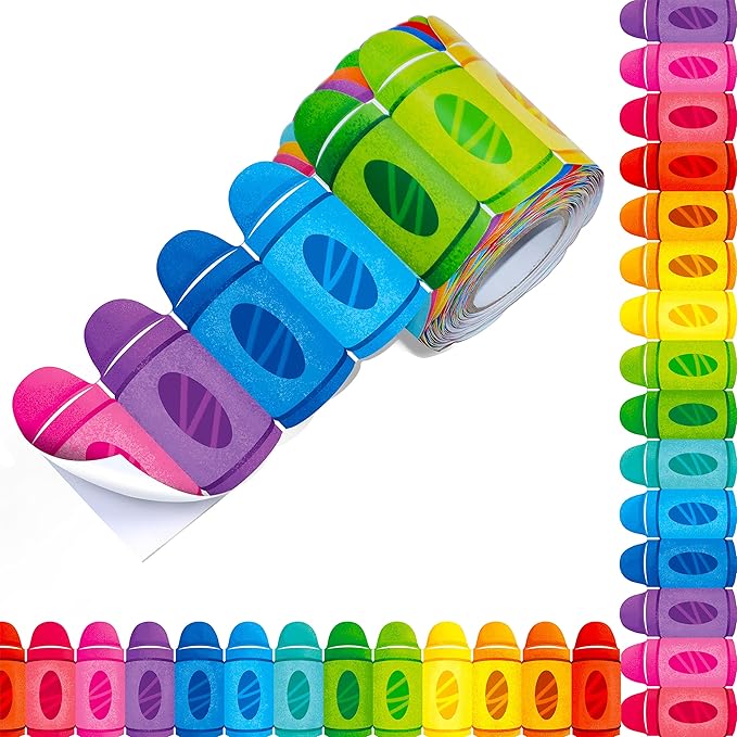 ERKE 60 Feet Bulletin Board Borders, Self Adhesive Crayon Die-Cut Rolled Border Trim Colorful Decoration with Strong & Permanent Adhesive for School, Classroom Offices Wall, Desks, Windows