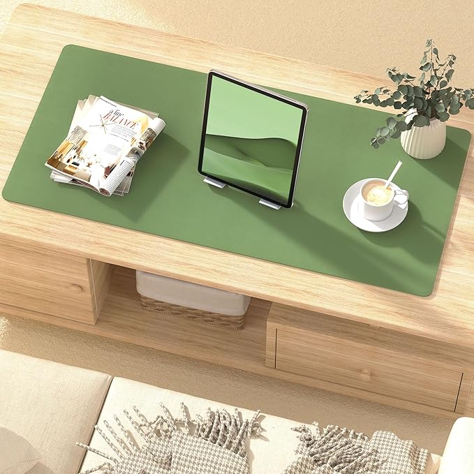 Mouse Pad Desk Protector Mat, Large PU Leather Office Desk Mat, Non-Slip Desk Pad for Keyboard and Mouse, Waterproof Desk Blotter Pad for Writing, Smooth Laptop Desk Pads, Olive Green(17’’X36’’)