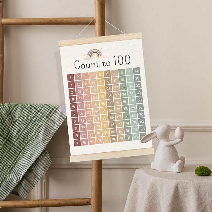 Koesus Boho Classroom Number Chart 1-100 Wall Art Poster Hanger Frame 12x16 Inch, Count to 100 Educational Learning Canvas Pictures Prints Framed Wall Decor for Kids Room Nursery Preschool Classroom