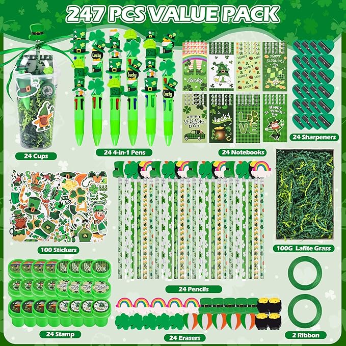 LiYiQ 247 Pcs St Patrick's Day Party Favors Return Gifts for Party, Student Stationery Gifts from Teacher, Pencil Erasers Notebooks Stickers for Classroom Birthday Goodie Bags Rewards Prizes
