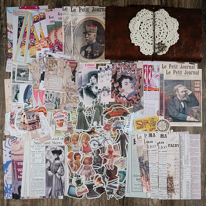 Knaid Vintage Scrapbook Supplies Pack (200 Pieces) for Junk Journal Bullet Journals Planners Aesthetic Paper Stickers Craft Kits Cottagecore Collage Album (Retro)