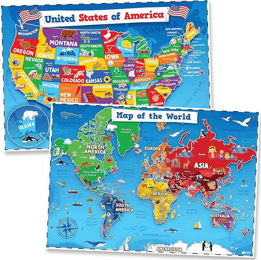 Momo & Nashi United States Map For Kids & World Maps For Kids 2pc Set - 24” x 16” Waterproof Classroom Posters - Childs World Map - Teacher Classroom Must Haves - Homeschool Teacher School Supplies