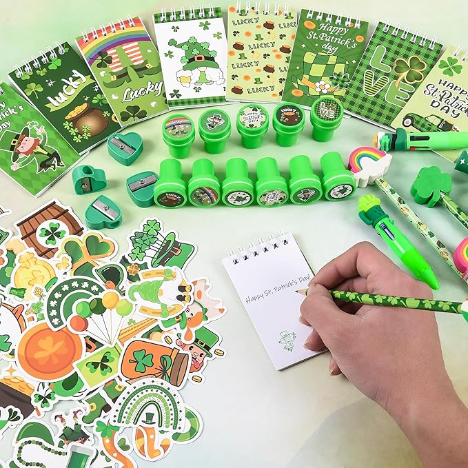LiYiQ 247 Pcs St Patrick's Day Party Favors Return Gifts for Party, Student Stationery Gifts from Teacher, Pencil Erasers Notebooks Stickers for Classroom Birthday Goodie Bags Rewards Prizes