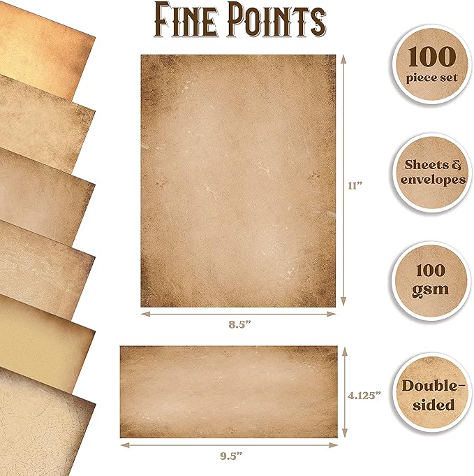 Better Office Products Aged Paper Stationery, 100 Piece Set (50 Sheets + 50 Matching Envelopes), Vintage Antique Old Fashion Parchment Paper, Letter Size 8.5 x 11", 6 Designs, Double Sided Paper,