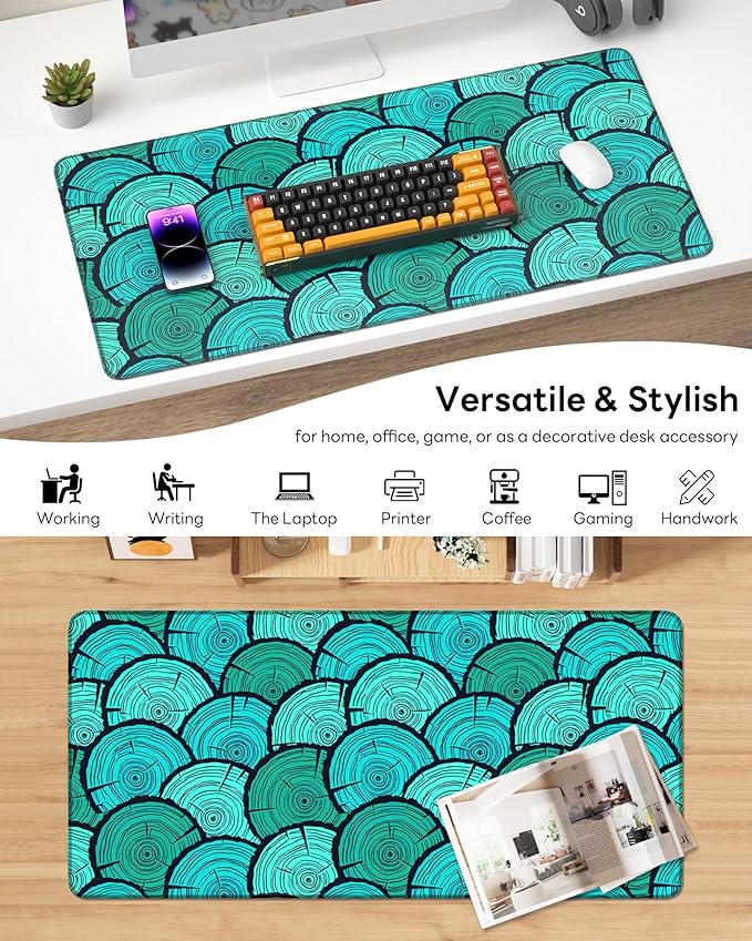 XL Gaming Mouse Pad, 31.5x17.5'' Large Desk Mat with Anti-Slip Rubber Base & Stitched Edges for Gaming, Office, Home - Annual Rings