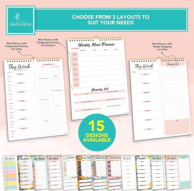 Decorably 52 Sheets Minimal Pink Undated Magnetic Weekly Meal Planner and Grocery List Notepad with 4 Strong Magnets - 8.5x11in Spring-Bound, Refrigerator Mountable, Easy Tear-Off Design