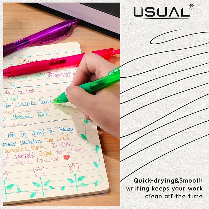 USUAL Gel Pens 0.5 mm,12 Pack Retractable 6 Color Ink Pen Fine Point Rollerball Pens,Quick Dry Smooth Writing,No Bleed for Journaling Note Taking, Home School Office Supplies