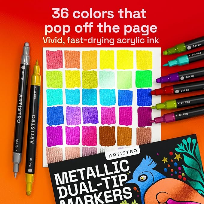 ARTISTRO 36 Metallic Acrylic Paint Markers for Rock, Fabric, Wood, Glass, Decoration - Dual-Tip Paint Pens for Coloring Books for Adults, Teens, Kids - Art and Craft Supplies Kit - Gift Idea