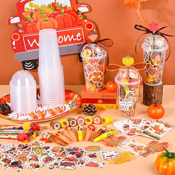 LiYiQ 247 Pcs Thanksgiving Party Favors Return Gifts for Party, Student Stationery Gifts from Teacher, Pencil Erasers Notebooks Stickers for Classroom Birthday Goodie Bags Rewards Prizes