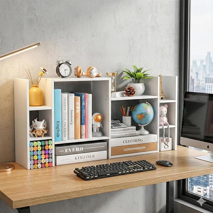 YIGANG White Desk Shelf Organizer, 3-Tier Desktop Bookshelf for Computer Desk, Small Tabletop Hutch Storage Rack, Wood Office Supplies Organizer for Dorm, Home & Student (29 Inch Wide)