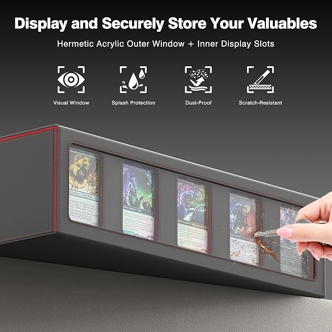Kabinka Trading Card Storage Box with Handle & Mechanical Latch,5-Row 3900+ Commander MTG Card Case with Sealed Display Window,Top loaders Organizer Deck Box for MTG/TCG/PTCG/Sports Cards (Black Red)