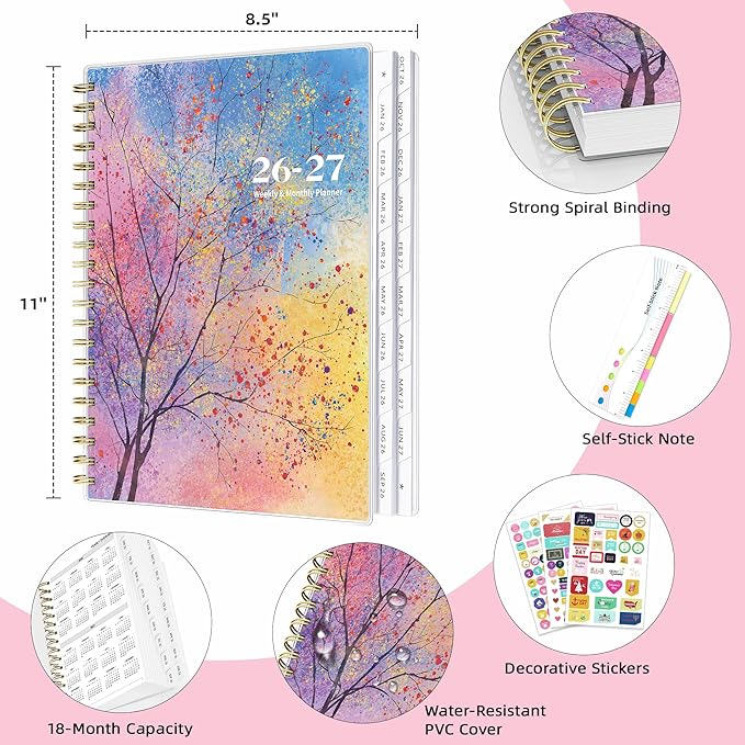Ospelelf 2026 2027 Planner Weekly and Monthly Calendar Spiral Bound, A4 Office Supplies For Women & Men, 18 Months PVC Cover Life Planners with Stickers Polka Dots