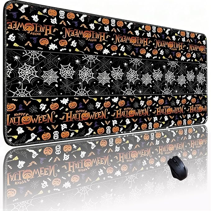 Halloween Themed Mouse Pad, Skeleton Ghost Pumpkin Head Pattern Large Gaming Desk Mat with Sewn Edges, Micro-Woven Fabric for Office and Home, 31.5x11.8in