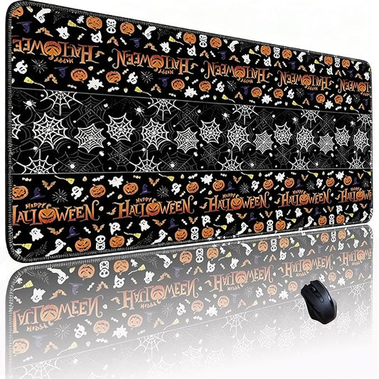 Halloween Themed Mouse Pad, Skeleton Ghost Pumpkin Head Pattern Large Gaming Desk Mat with Sewn Edges, Micro-Woven Fabric for Office and Home, 31.5x11.8in