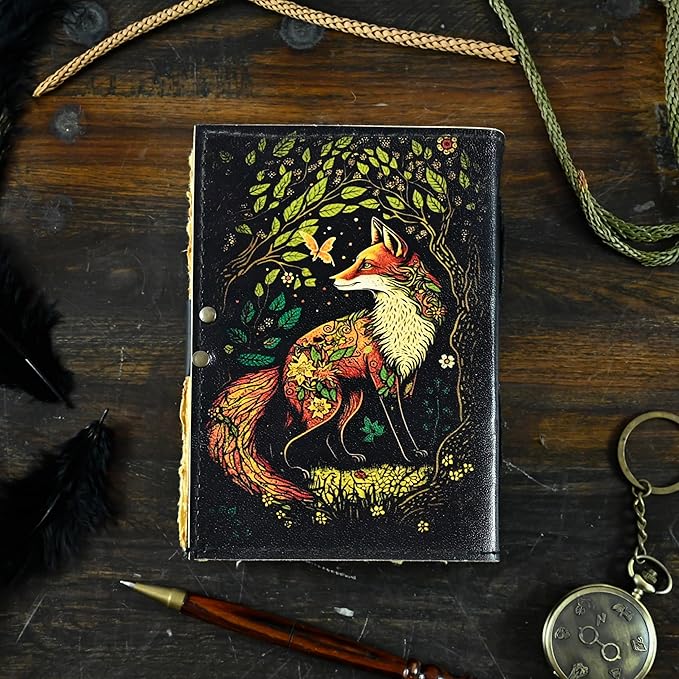 Fox Leather Journal Blank Spell Book of Shadows Witchcraft Supplies Wiccan Notebook Handmade Daily Notepads Grimoire Journal Vintage Journal Sketchbook Witchy Gifts Women Best Gift for Artist ,Writers, Author ,Poet Vintage Gifts For Men & Women