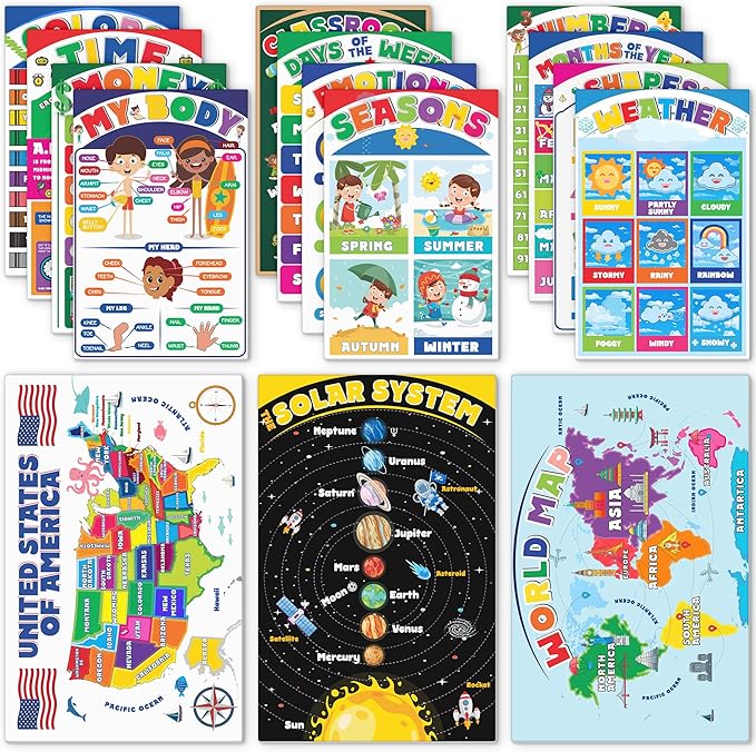 GIAMVART 18 Educational Posters, Days Of The Week, ABC, Numbers, Shapes, Colors, Modern-Boho Style, Glossy, Card Stock, Unframed, 11x17 inches, Perfect for Classroom, Kids Room, Ages 1-8