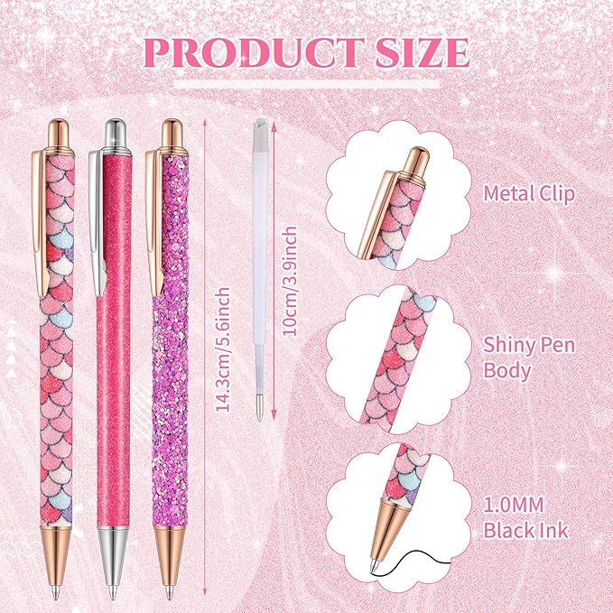 Sherr 7 Pcs Fancy Pens for Women Cute Sparkly Glitter Pens with 10 Pcs Black Ink Refills Pretty Gifts for Girls Office School Christmas Graduation(Lovely)