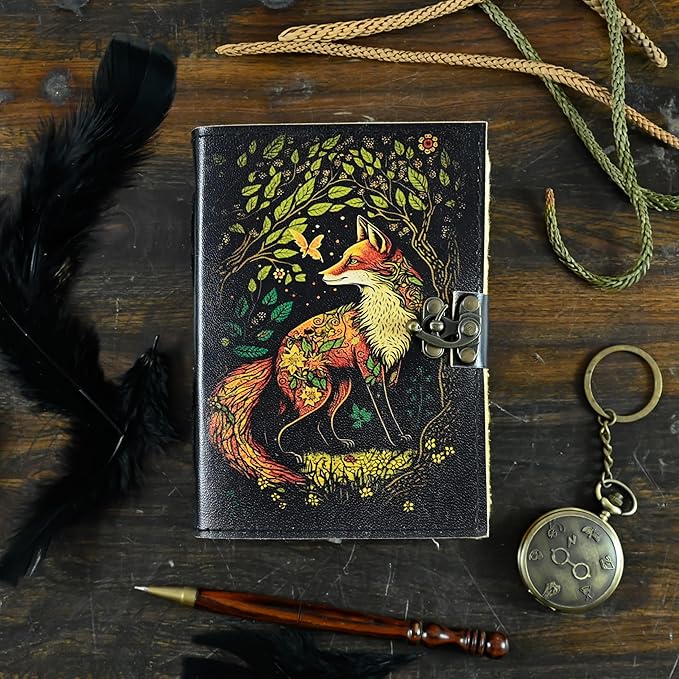 Fox Leather Journal Blank Spell Book of Shadows Witchcraft Supplies Wiccan Notebook Handmade Daily Notepads Grimoire Journal Vintage Journal Sketchbook Witchy Gifts Women Best Gift for Artist ,Writers, Author ,Poet Vintage Gifts For Men & Women