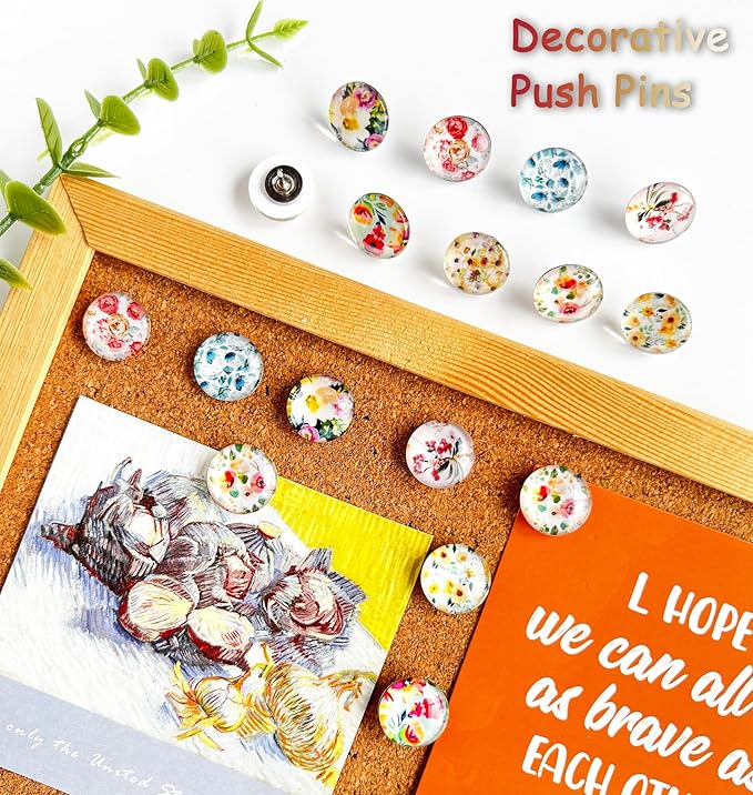 24Pcs Push Pins, Decorative Thumb Tacks,Floral Pins, Cute Push Pins for Cork Board Bulletin Board, Desk Accessories,Classroom,Home and Aesthetic Office Decor Supplies(Colorful Floral)