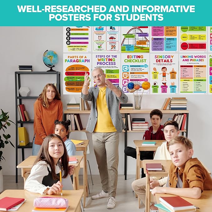 Decorably 12 Writing Posters for Classroom Middle School and Elementary, 11x16in Educational, Matte-Laminated for Hallways, Bulletin Boards, Home Study Room