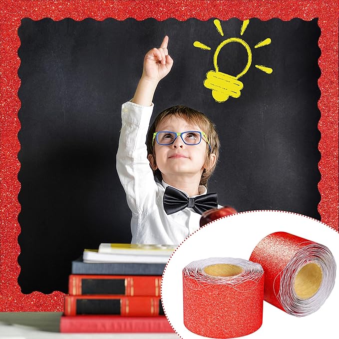131 Ft Red Glitter Bulletin Board Borders Red Scalloped Bulletin Board Trims Shiny Decorative Border Trims Sparkle Self-Adhesive Border Stickers for Classroom School Home Office Blackboard Desk