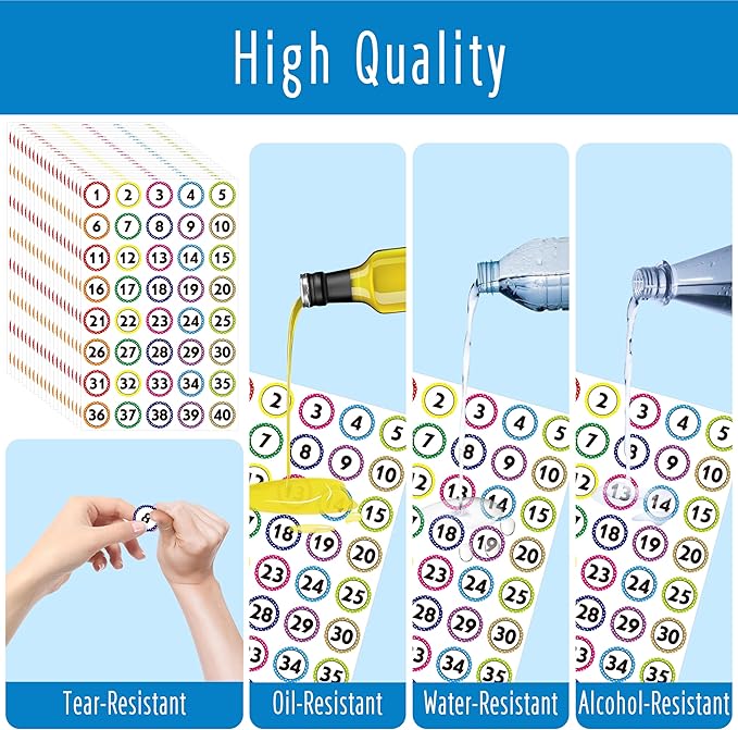 800 PCS 1-40 Number Stickers, Polka Dot Water/Oil/Tear Resistant Consecutive Number Labels, Remove Without Residue for Indoor, Outdoor, Office, Classroom, Storage, Organizing, Boxes (1”, 20 Sheets)