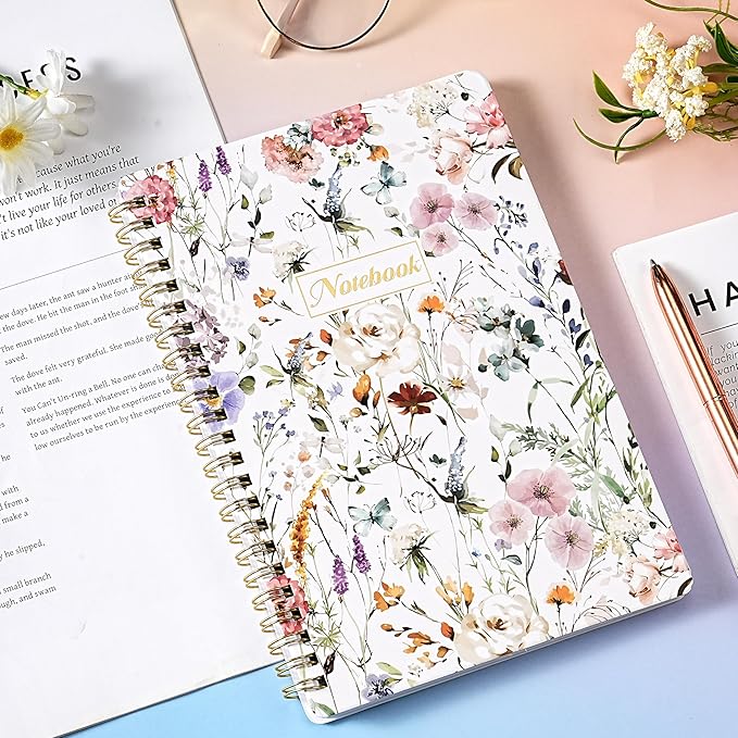 Spiral Notebook - Notebooks with Back Pocket, 5.7" * 8.2", Journal Notebook with Thick Paper & Back Pocket, 160 Pages, College Ruled Notebook/Journal with Twin-Wire Binding, Journals for Women - Floral