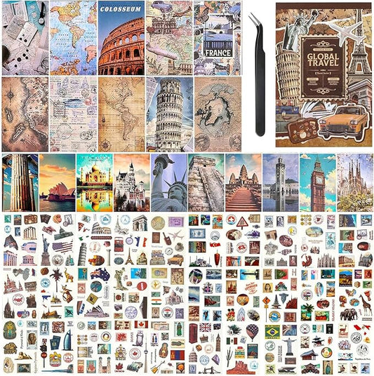 Vintage Scrapbook Stickers, Aesthetic Global Travel Sticker Book for Scrapbooking with 320+ Washi Stickers and 20 Scrapbook Papers, Journaling Supplies, Ephemera for Junk Journals DIY Arts Crafts