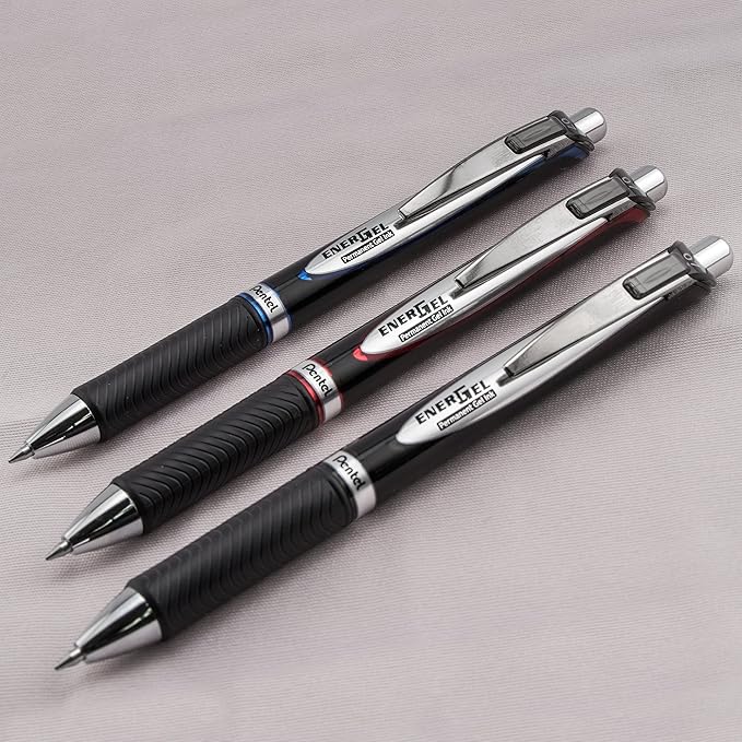 Pentel EnerGel Pro Permanent Gel Ink Pen, (0.7mm) Assorted Colors, 3 Pack (BLP77BP3M), black/red/blue