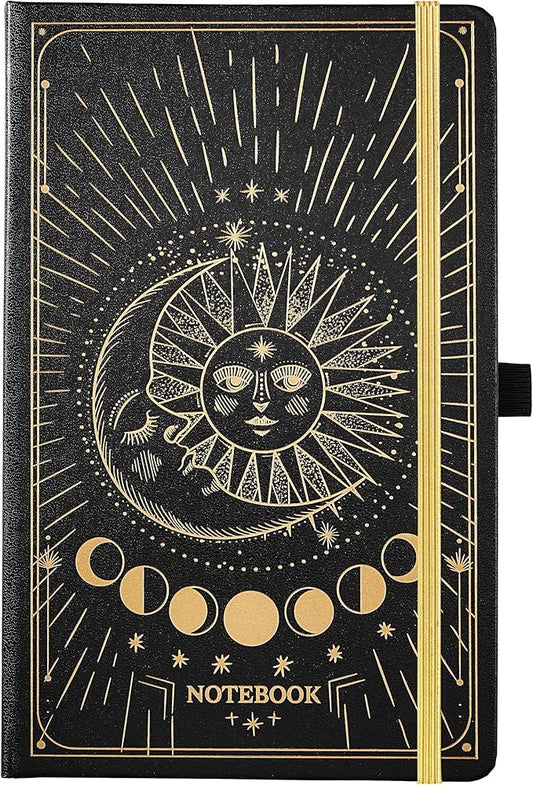 Artfan Ruled Notebook/Journal – Premium Thick Paper Classic Writing Notebook with Pocket + Page Dividers Gifts, Banded, Large, 128 Pages, Hard Cover, Lined (5.3" x 8.26") - Sun and Moon