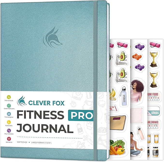 Clever Fox Fitness Journal PRO – Daily Workout Planner with Meal Planner & Habit Tracker – Gym Exercise Log Book for Women & Men – Fitness Planner Notebook – Lasts 6 Months, 7x10” - Aquamarine