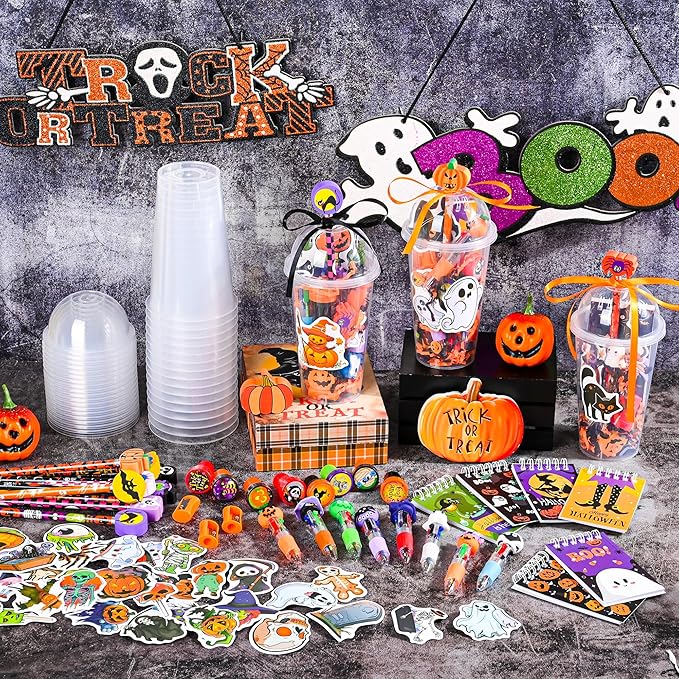 LiYiQ 247 Pcs Halloween Party Favors Return Gifts for Party, Student Stationery Gifts from Teacher, Pencil Erasers Notebooks Stickers for Classroom Birthday Goodie Bags Rewards Prizes