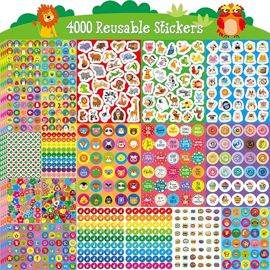 4000 Reusable Incentive Stickers, 100 Sheets Waterproof, Tear Resistant Reward Stickers-Remove Without Residue, Animals/Stars/Hearts Motivational Decals for Kids Teachers, Parents, Bottles, Laptops