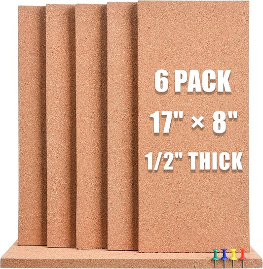 SUNGIFT Cork Bulletin Board 1/2" Thick Cork Boards 6 Pack Frameless Cork Tiles, 17 x 8 Inch, Self-Adhesive Corkboards Wall Decor with 50 PCS Pushpins for Office, School and Home