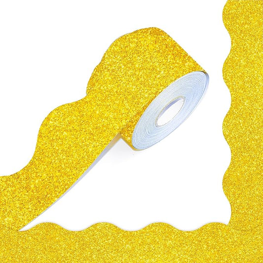 60 Feet Bulletin Board Borders, Golden Glitter Rolled Border Trim Scalloped Board Border with Wavy Line Design Decoration for School, Classroom & Office