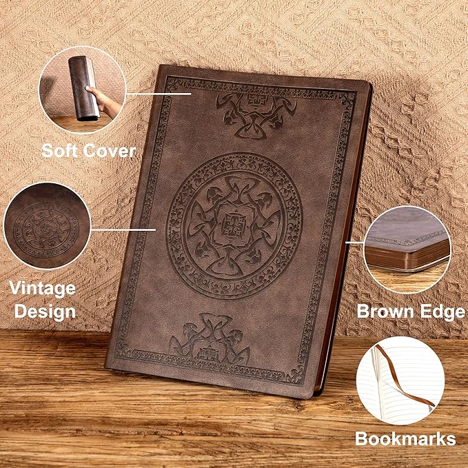 CAGIE Lined Journal Notebook for Women Men, 300 Pages Soft Cover Notebook Leather Journals for Writing, 180 Lay Flat Vintage Mens Journal Personal Diary 8.5"×11", Dark Brown